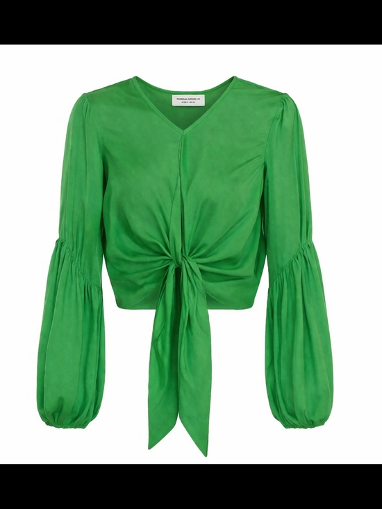 Amanda Uprichard Tops - Amanda Uprichard Silk Tie Front Blouse Green Balloon Sleeve Crop Top S Chic